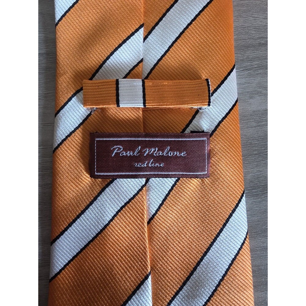 Paul Malone Red Line 100% Silk Neck Tie, Orange & White Stripes